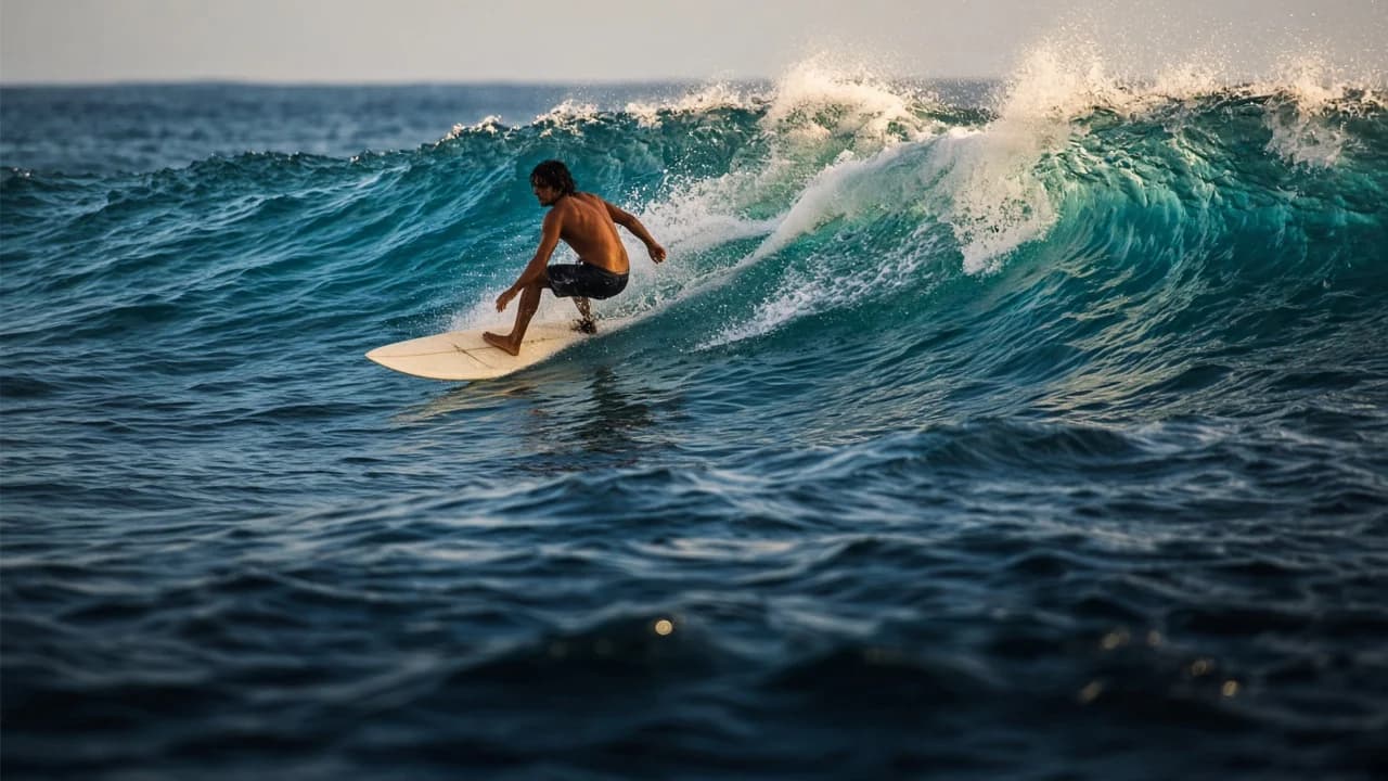 Surfer auf einer Welle im offenen Meer