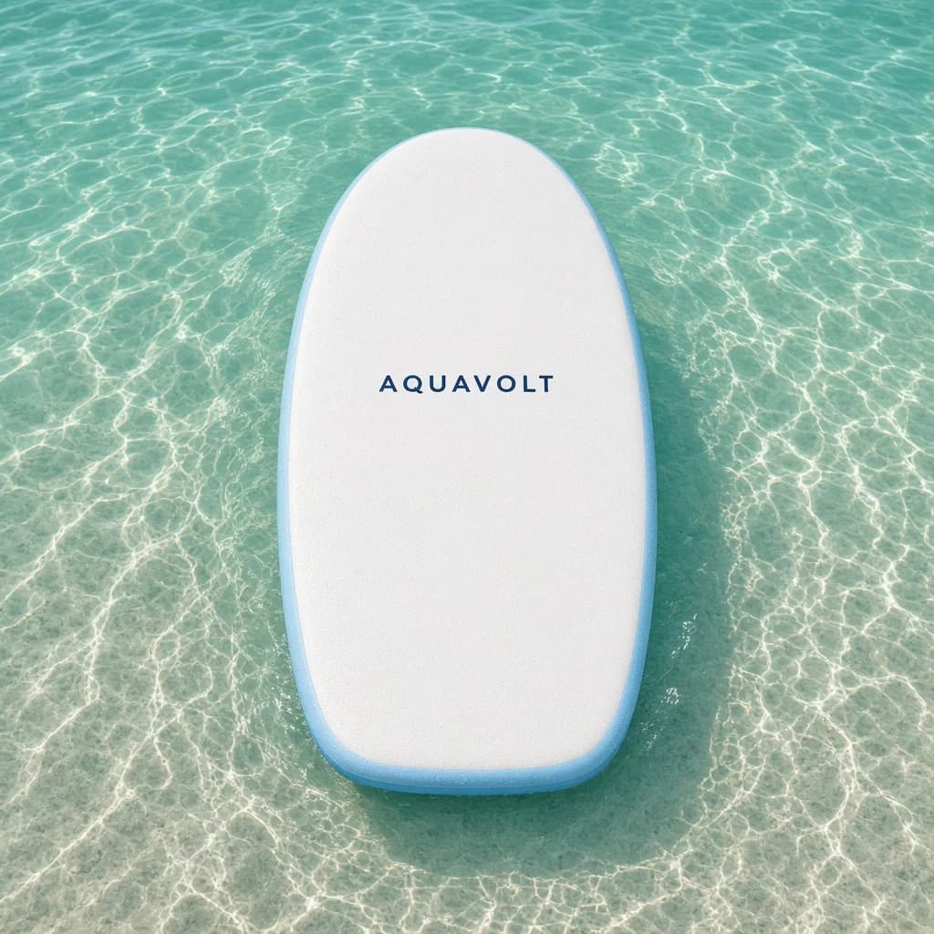 Weißes AQUAVOLT Drift Bodyboard mit hellblauem Rand im flachen Wasser
