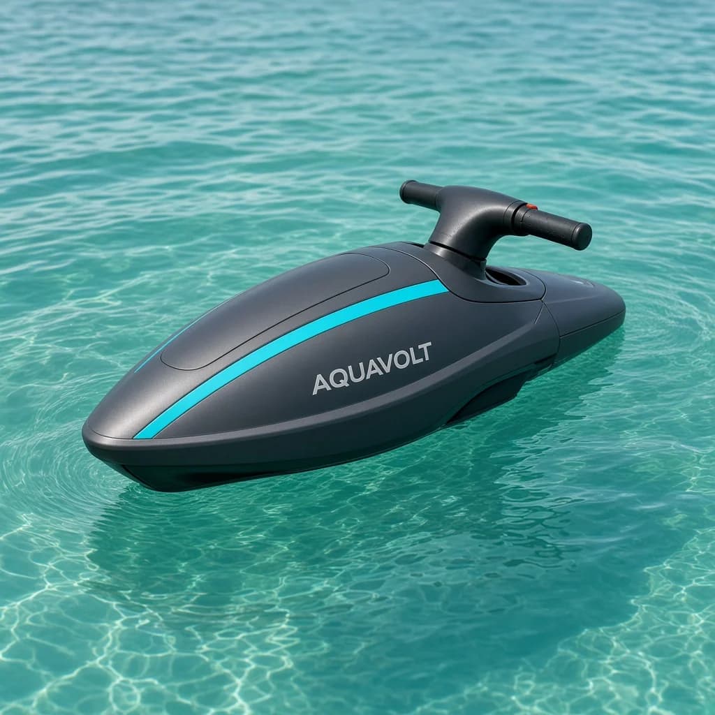 Konzeptfoto des graphitfarbenen AQUAVOLT Wave Pro Wasserscooters mit türkisem Streifen auf türkisem Wasser