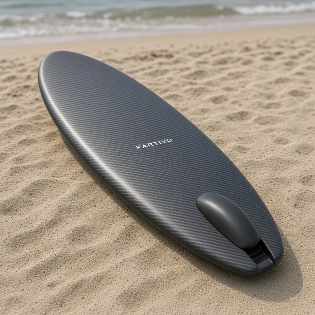 Graphitfarbenes KARTIVO Volt Elektrosurfboard mit Motorverkleidung am Heck, vollständig auf dem Sand liegend