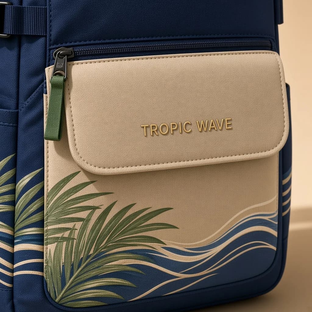 Nahansicht der Sandtasche und des Palmenmusters am TROPIC WAVE Explorer