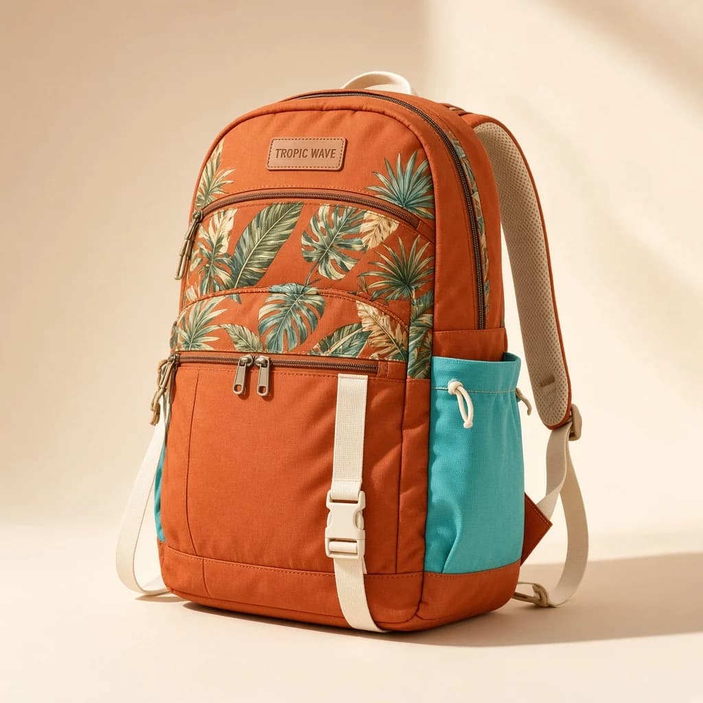 Oranger ISLAND NOMAD Rucksack mit Blattmuster und türkiser Seitentasche